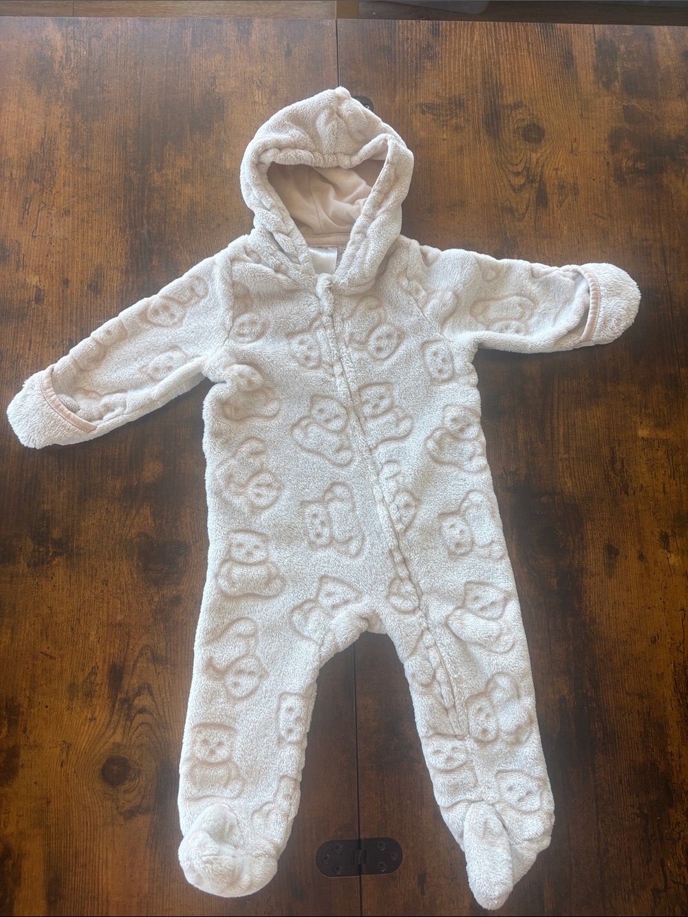 Plush Hooded Baby One-Piece in Cream with Bear Texture. 6-9 months